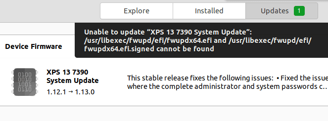 GNOME Software: fwupdx64.efi and fwupdx64.efi.signed cannot be found.