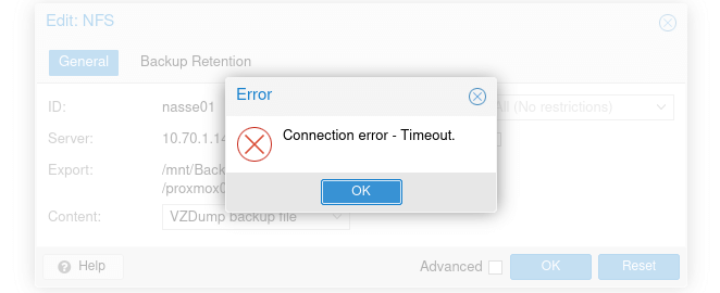 Proxmox VE - NFS Backend time-out.