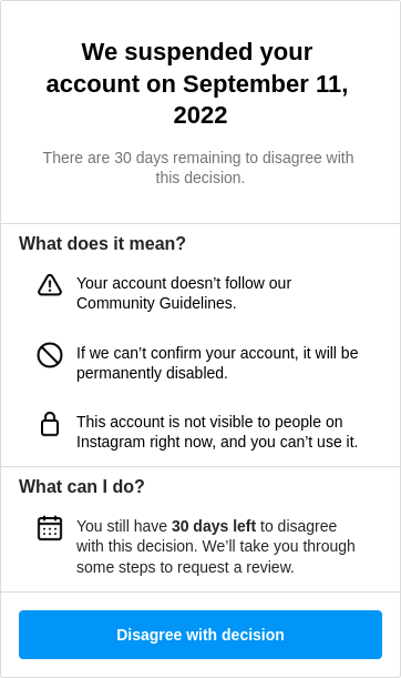 Instagram - We suspended your account
