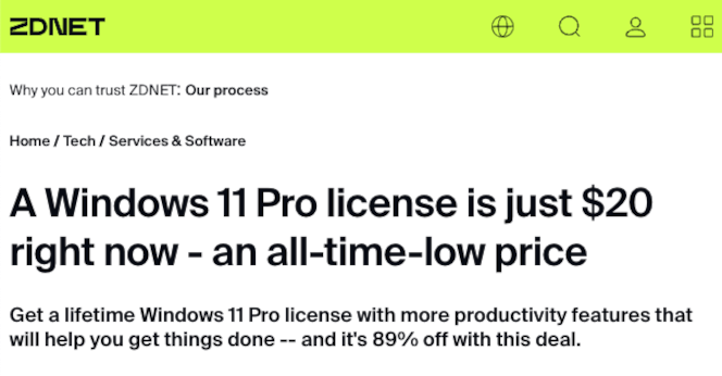 ZDNET promoting Windows 11 Pro for $20 from StackSocial